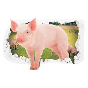 3D pink pig wall decal with broken wall effect and green field landscape decor