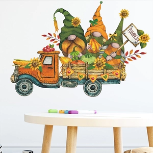 Fall Harvest Gnomes Pumpkin Truck Wall Sticker PVC Removable Decal For Living Room Bedroom Thanksgiving Home Decoration
