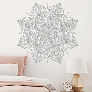 Sticker mural mandala gris clair avec motif floral géométrique pour décoration de chambre