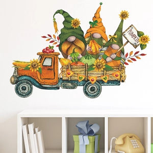 Autumn wall stickers featuring pumpkins, sunflowers, and gnomes on a white room wall