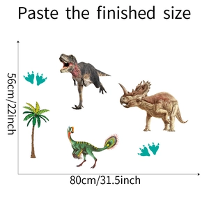 Cartoon dinosaur wall stickers kit with T-Rex and palm trees, size 80cm x 56cm