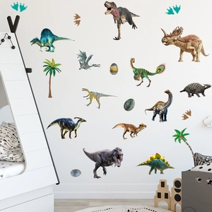 Cartoon dinosaur wall stickers with palm trees and eggs for kids bedroom wall decor