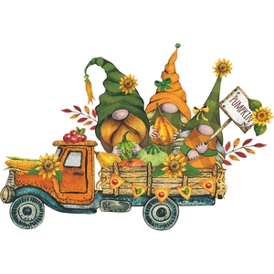 Easter and Autumn themed cartoon gnomes in a vintage orange truck wall decal for home decor