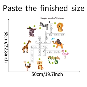 Detail of jungle animal wall decals with educational English word spelling for kids