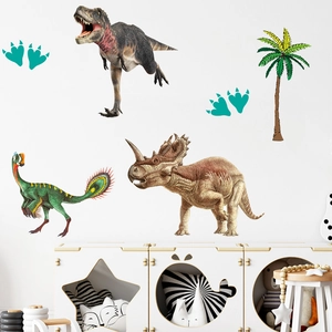 Realistic cartoon dinosaur and palm tree wall stickers for kids bedroom decoration
