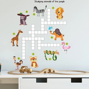 Cartoon jungle animal wall stickers with educational crossword for children bedroom decor