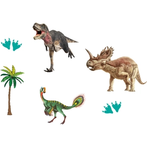 Macro detail of cartoon dinosaur wall stickers with T-Rex and palm tree patterns