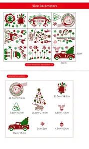 Detailed dimension guide for Christmas glass window stickers with Santa and reindeer motifs