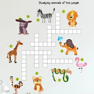 Cartoon jungle animals wall decals with educational crossword puzzle for kids bedroom