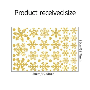 Detailed size chart for golden glitter snowflake window stickers measuring 50cm by 35cm