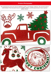 Detail of red and green glitter Christmas window stickers featuring reindeer and tree