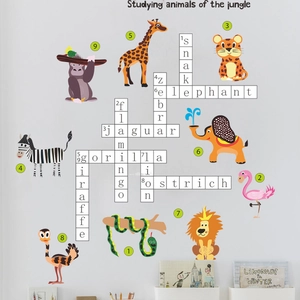 Detail of cartoon animal wall stickers with English word games for nursery wall decor