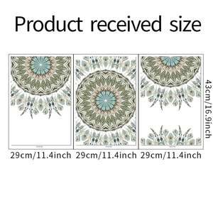 Detailed size view of three bohemian mandala and feather stickers measuring 29x43 cm each