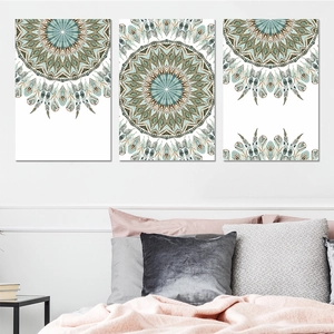 Three-piece bohemian mandala wall art set with teal feathers for bedroom decor