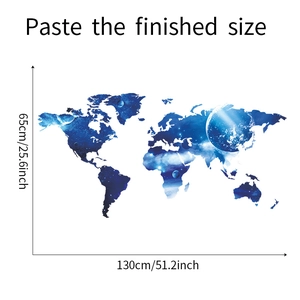 Detailed dimension guide for self-adhesive galaxy world map wall decal 130x65cm size