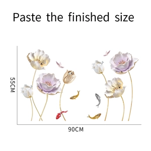 Detail of floral and koi fish wall sticker showing 90x55cm dimensions and pattern