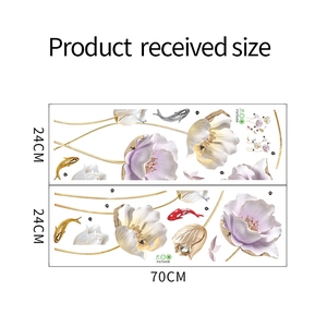 Detail view of lotus and koi wall decal layout with 70x24cm dimensions and assembly codes