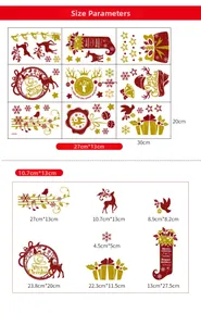 Size chart for 9-sheet gold-dusted Christmas window stickers with elk and snowflake dimensions