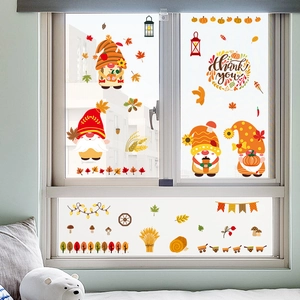 Fall themed gnome window clings set with pumpkins and maple leaves for autumn decor