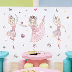 Stickers muraux ballerines roses avec papillons et étoiles pour décoration de chambre