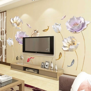 3D embossed lotus flower and koi fish wall stickers for living room decor set