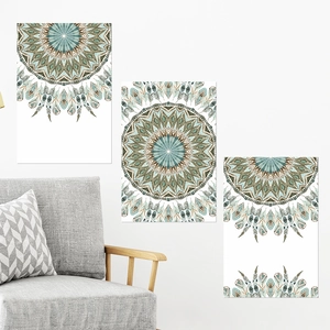 Set of 3 Bohemian mandala wall art stickers with teal feathers for home wall decor