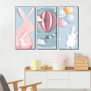 Stickers Muraux PVC Lapin Dessin Animé Montgolfière Style Découpage Papier Triptyque Décoration Chambre Enfant Maison Art Mural