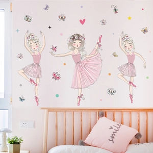 Stickers muraux ballerines roses avec papillons colorés pour chambre de fille