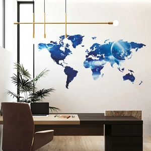 Blue starry galaxy world map wall sticker for modern office and living room decor
