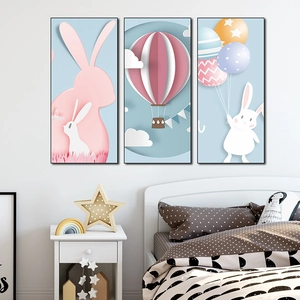 Lot de 3 tableaux décoratifs lapin et montgolfière style papier découpé pour chambre enfant