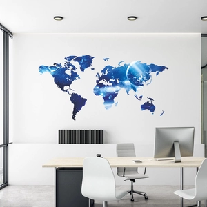 Blue starry world map wall decal with galaxy texture for modern office wall decor