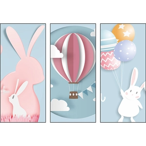 Tableau triptyque de lapin de dessin animé et montgolfière pour décor de chambre