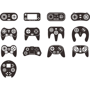 Vector wall decals featuring 13 vintage and modern game controller silhouettes in black