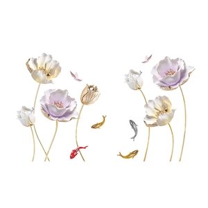 3D embossed lotus and koi fish wall stickers in champagne gold and lilac for home decor
