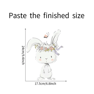 Detail showing cartoon rabbit with floral wreath and butterfly wall sticker dimensions