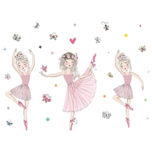 Stickers muraux ballerines avec petites filles et papillons roses pour chambre d'enfant