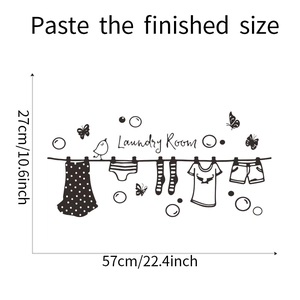 Detail view of laundry room wall sticker showing birds and clothing with dimensions