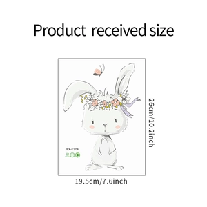 Detailed view of cartoon bunny wall sticker with dimensions 26cm x 19.5cm and floral wreath