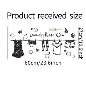 Detailed size chart for Laundry Room PVC wall sticker with clothes and butterfly motifs