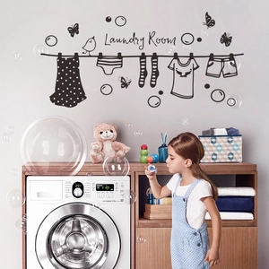 Creative Laundry Room Wall Stickers DIY Clothesline Bird Butterfly PVC Silhouette Black Decal For Home Laundry Room Decor