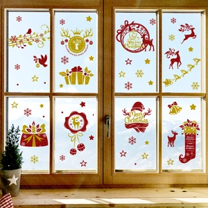Golden and red glitter Christmas window static stickers featuring reindeer and snowflakes