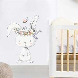 Cartoon white rabbit wall sticker with flower crown and butterfly for nursery decor