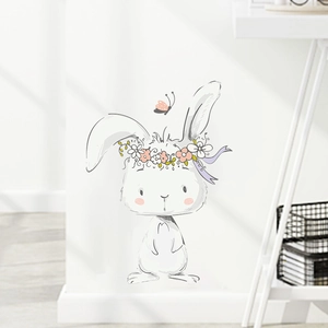 Cute cartoon white rabbit wall sticker with flower crown and pink butterfly for nursery decor
