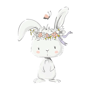 Cartoon rabbit wall sticker with flower crown and butterfly for kids room decoration