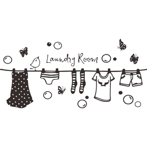 Laundry Room wall sticker with birds and hanging clothes icons for home decor