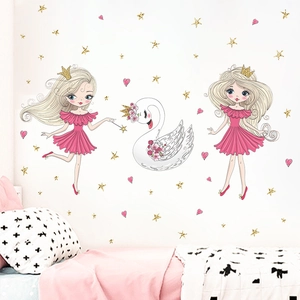 Traumhafte Schwan und Ballerina Wandtattoo mit goldenen Sternen für Kinderzimmer Deko
