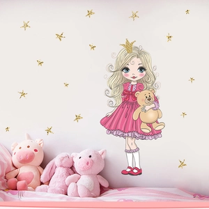 Princess wall sticker set with little girl, teddy bear and gold glitter stars for bedroom