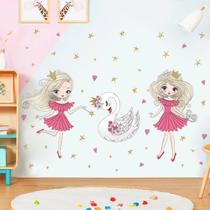 Wandtattoo Kinderzimmer mit Cartoon-Mädchen, rosa Schwan, goldenen Sternen und Herzen