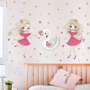 Schwan Prinzessin Wandaufkleber Cartoon Mädchen Stern Herz Muster PVC Selbstklebende Abziehbilder Für Kinderzimmer Kinderzimmer Home Decor