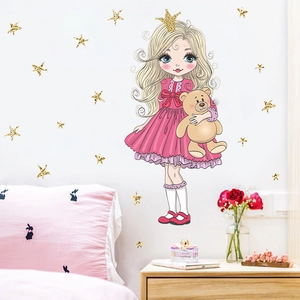 Cartoon little princess with teddy bear wall stickers and gold stars for nursery